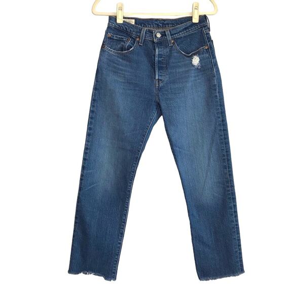 LEVI'S 501 Straight Jean Sz 26 Blue Cropped Classic Frayed Grunge Cowgirl Travel - Picture 5 of 14